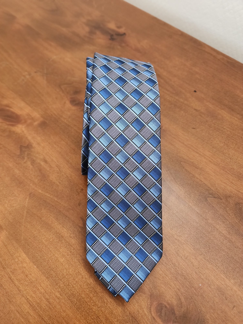 Steel Blue Charcoal Gray Geometric Grid Men's Dress Neck Tie